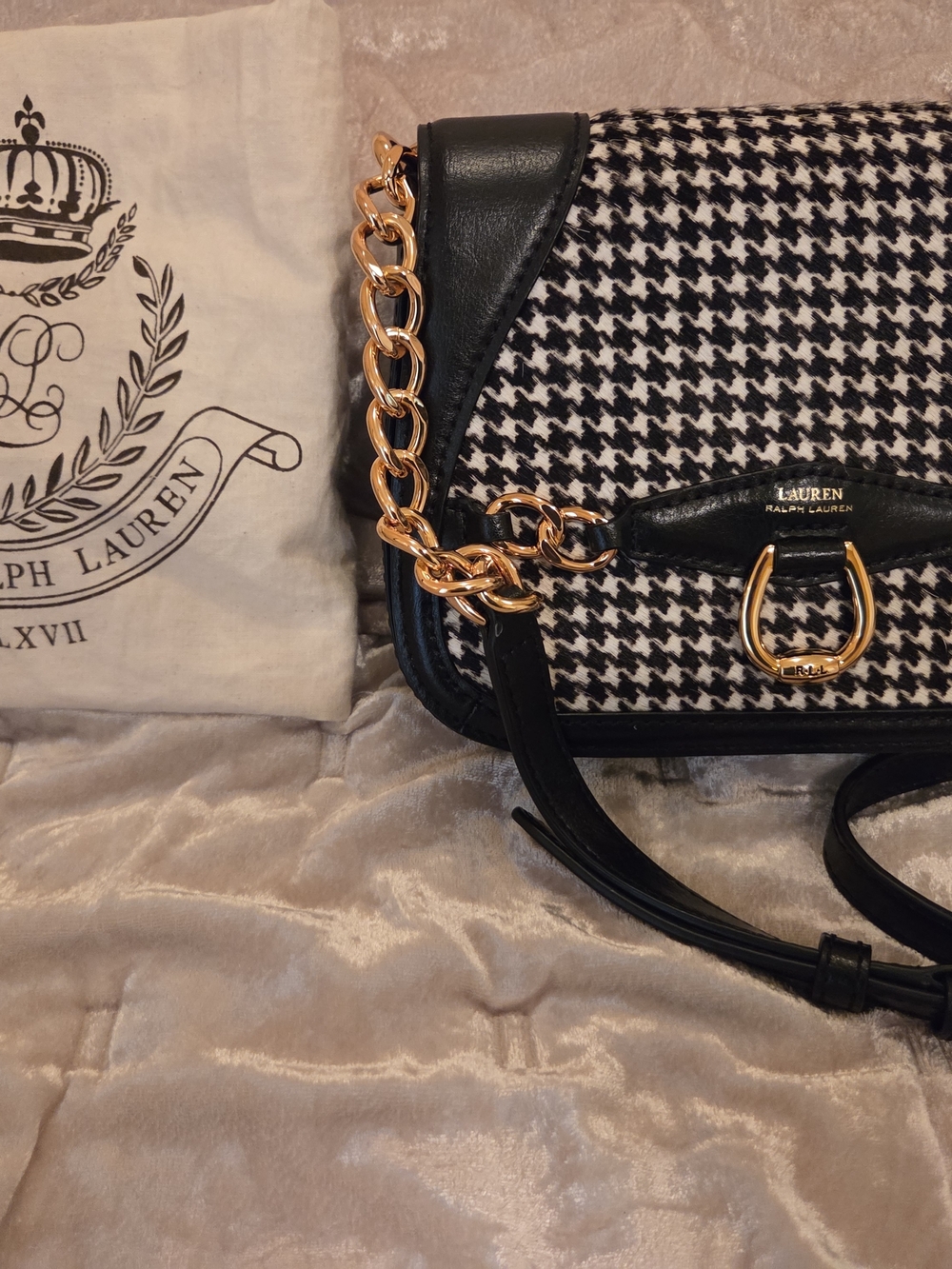 Lauren Ralph Lauren Black & White Calf Hair Houndstooth Chain Shoulder Bag